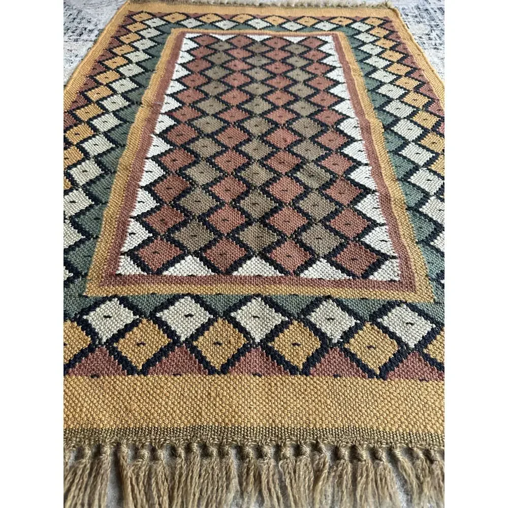 Vintage Turkish Kilim Rug Boho Aztec Rug 37x25” wool jute natural woven